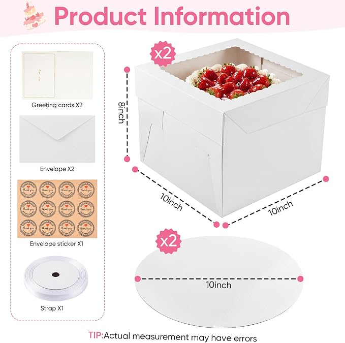2 Pack 10 x 10 x 8 in Cake Boxes with Window & Cake Boards — Disposable Cake Carrier Boxes with Lid, Includes Stickers, Envelopes, Greeting Cards & Ribbon — Bakery Boxes for Cakes & Cupcakes