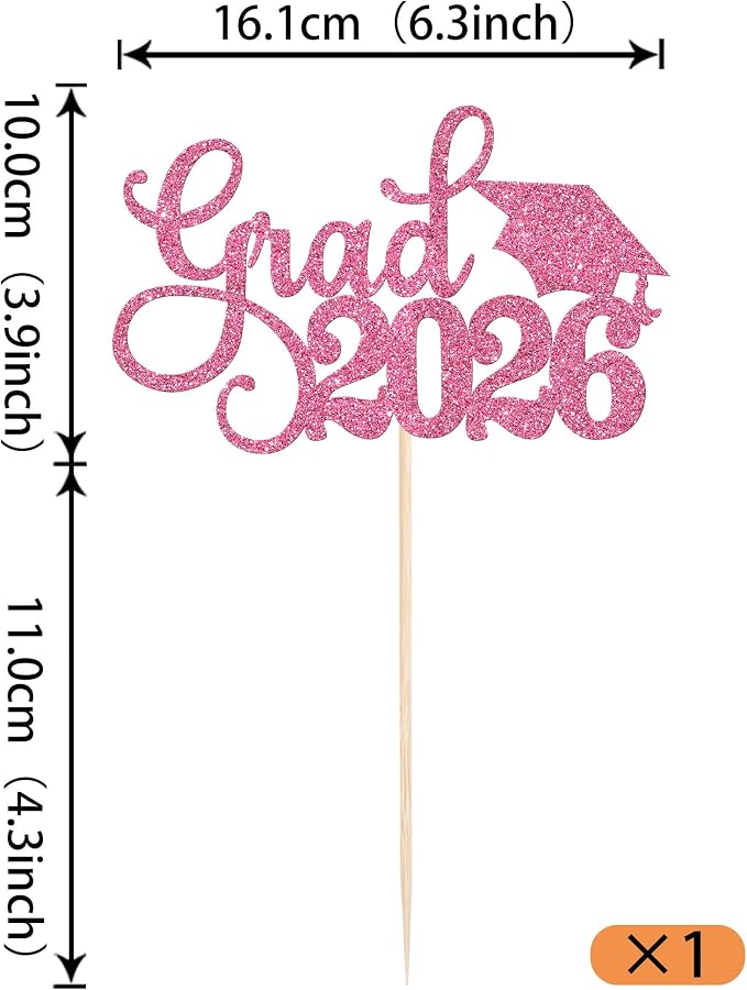 1 Pack Grad 2026 Cake Topper with Glitter Congrats Grad Cap Class of 2026 Cake Pick Decorations for 2026 Graduation Theme School Boys Girls Graduate Party Supplies Pink