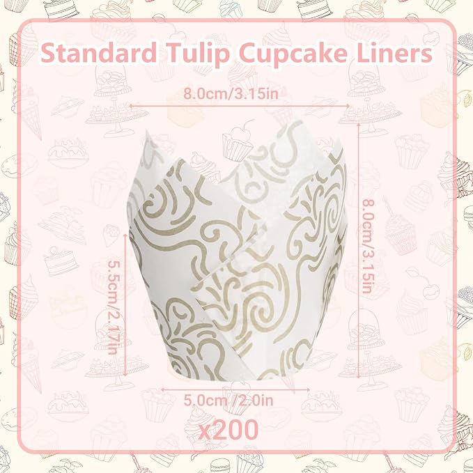 200 Pcs White Tulip Cupcake Liners for Baking, White Wavy Line | Standard Greaseproof Tulip Muffin Liners for Baking, 3oz White Paper Cupcake Wrappers for Party Wedding Birthday