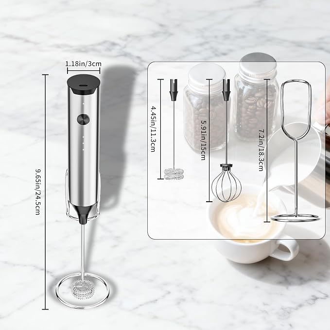 Rechargeable Hand Frother with Stand, Handheld Milk Frother for Coffee, Drink Mixer Frother Wand Electric Whisk Stirrer for Matcha, Latte, Hot Chocolate, Cappuccino (Stainless Steel)