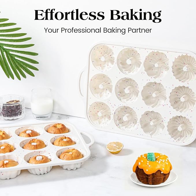 Vinino 3 Inch Silicone Mini Fluted Tube Cake Pan with Metal Reinforced Frame, 4 Different Shapes, 12-Cavity Mini Flan Mold, Nonstick Baking Pan for Mini Donuts, Jello, Pudding, Brownies, 2 Pack