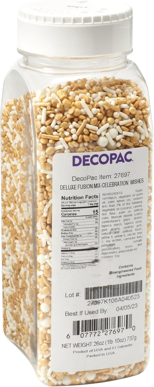 DecoPac Gold Celebration Wishes Fusion Mix Sprinkles, 26oz, Shaped Candy Sprinkles in Handheld Container, Edible Decorations For Celebration Cakes, Cupcakes, Cookies and Donuts