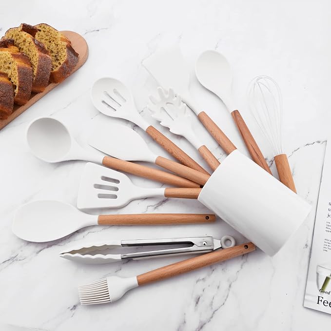 1pc White Silicone Flexible Spatula Set with Wooden Handle, Heat Resistant Cooking Utensils Rubber Spatula Non-Stick Flexible Scrapers Baking Mixing Tool