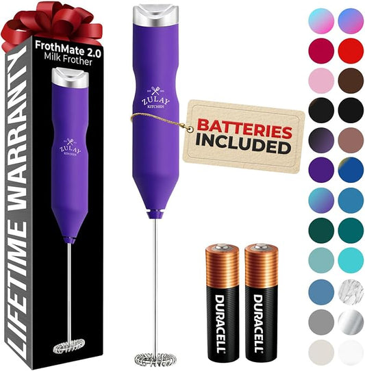 Zulay Kitchen Powerful Frother Wand AA Batteries Included, Ultra Fast Handheld Drink Mixer, Comfort Milk Frother, Stainless Steel Whisker, Frother Handheld for Coffee, Protein & Matcha - Frothmate 2.0