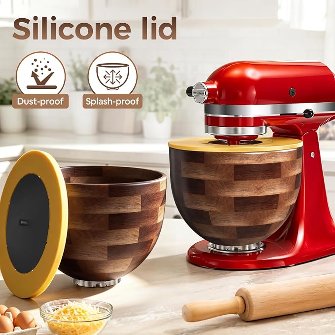 Airpro Solid Wood Mixing Bowl for 4.5-5Qt Tilt-Head Stand Mixers – Natural True Acacia/Walnut with Lid Cover & Stainless Steel Locking Base, 5 Quart for KitchenAid