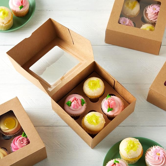 Juvale Cupcake Boxes - 6 x 6 in, 24 Count, Brown - 4-Cup Insert & Clear Window Cupcake Containers & Muffin Boxes