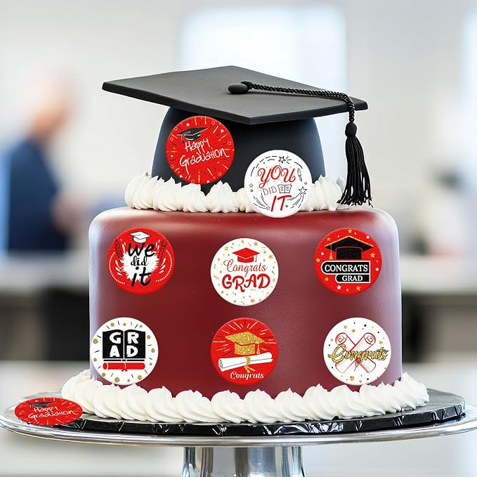 36PCS Edible Graduation Cap Cupcake Toppers Wafer Paper Grad Cap Diploma Cake Decorations Edible Grad Cap Cupcake Picks for 2026 Grad Theme Party Cake Decor Supplies (Red)