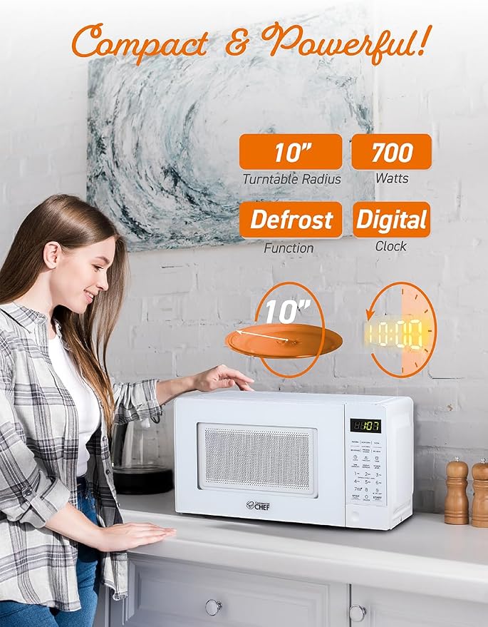 COMMERCIAL CHEF 0.7 Cubic Foot Microwave with 10 Power Levels, Small Microwave with Pull Handle, 700W Countertop up to 99 Minute Timer and Digital Display, White