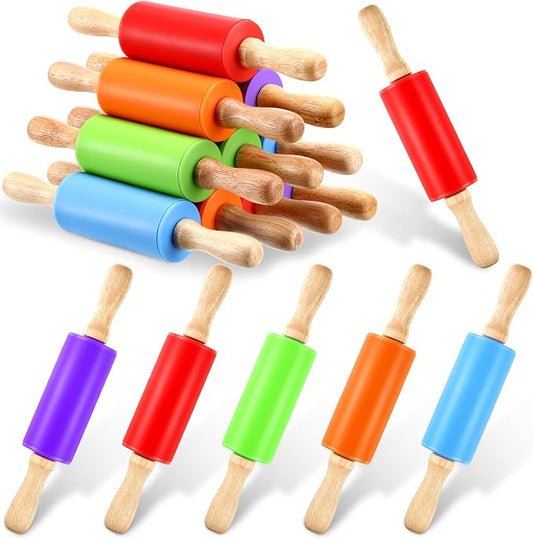 Thenshop 10 Pcs 9 Inch Mini Rolling Pins Kids with Wooden Handle, 5 Colors Silicone Non-stick Small Dough Roller for Kids, Home Kitchen Baking Supplies for Cookie Pastry Fondant Cake