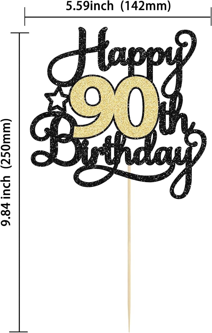 1Pc Happy 90th Birthday Cake Topper Black Gold Glitter Cheers to 90 Years Birthday Cake Pick 90 Fabulous Cake Decoration for Happy 90th Birthday Anniversary Party Cake Decorations Supplies