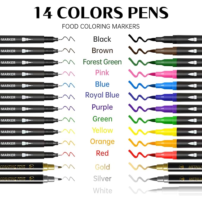Edible Markers – 14Pcs Gold & Silver Metallic Food Coloring Pens, Double Sided Edible Pens with Fine & Thick Tips for Cookie Decorating, Fondant, Desserts & Easter Eggs