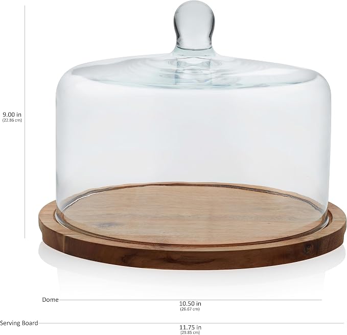 Libbey Acacia Wood Cake Stand with Lid, Ball Top Handle Cake Holder with Lid, Covered Pastry Holder, Durable Glass Dome Cover