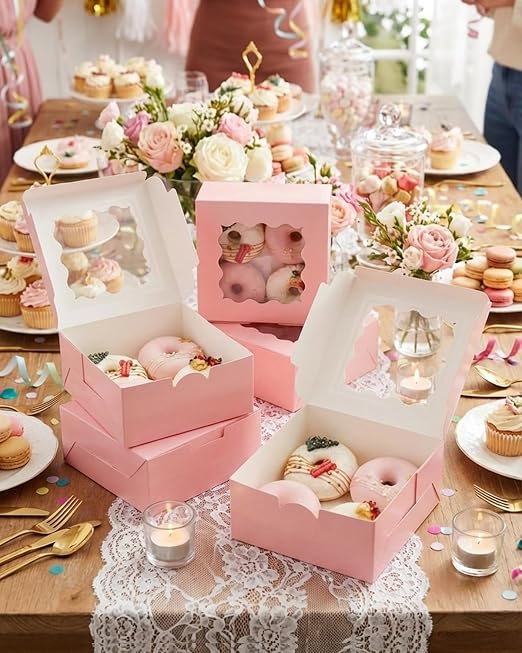 Bakepacker 240pcs Pink Cookie Boxes 6x6x3 inches Easy Assemble Macaroon Pastry Boxes Bakery Boxes with Window for Bakery