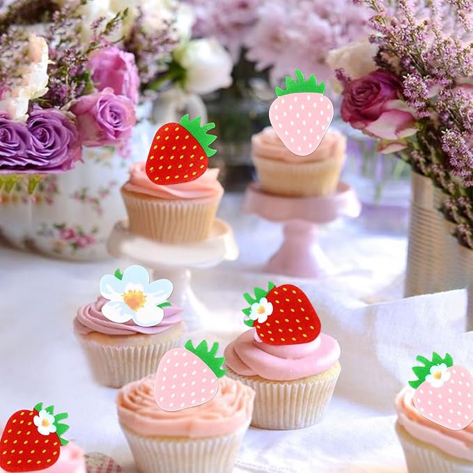 40Pcs Edible Pink Strawberry Cupcake Toppers Red Starwberry Flowers Cupcake Picks Strawberries Drink Toppers for Baby Shower Boys Girls Birthday Cake Decors Sweet Fruit Party Decorations