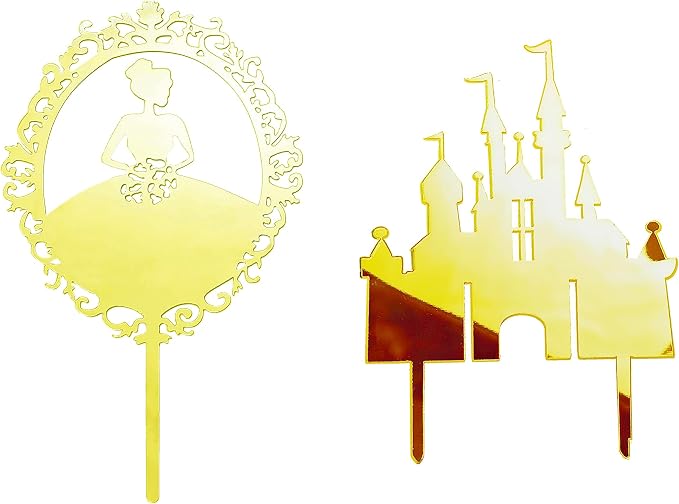 2Pcs Queen's Birthday cake topper Queen's Castle Acrylic Mirror Girl Cake Decoration Girl Birthday Wedding Anniversary Party Decoration Gift Gold Insert (golden) (Acrylic)