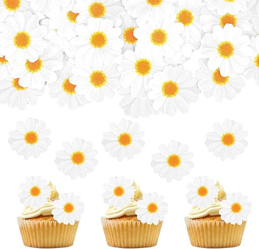 40Pcs Daisy Cake Decorations Edible Flower Cupcake Toppers Wafer Paper Edible Cake Decor White Daisy Flower Cupcake Picks for Birthday Wedding Bridal Baby Shower Party Decoration Supplies