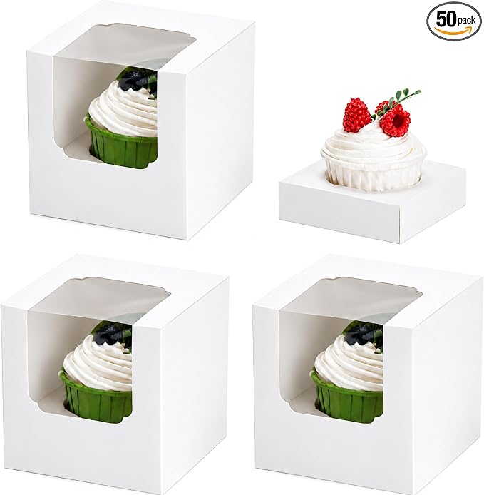 NPLUX 50 Pcs Cupcake Boxes Individual Cupcake Containers Pre-Assembled Single Cupcake Boxes 3.5"x3.5"x3.5" with 50 Pcs Inserts for Cupcakes Muffins Party Favors(White)