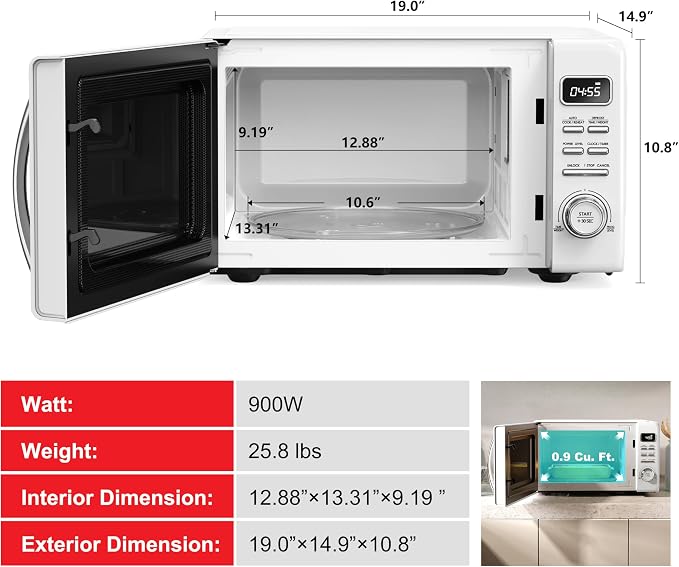 Galanz GLCMKZ09WER09 Retro Countertop Microwave Oven with Auto Cook & Reheat, Defrost, Quick Start Functions, Easy Clean with Glass Turntable, Pull Handle, 0.9 cu ft, White
