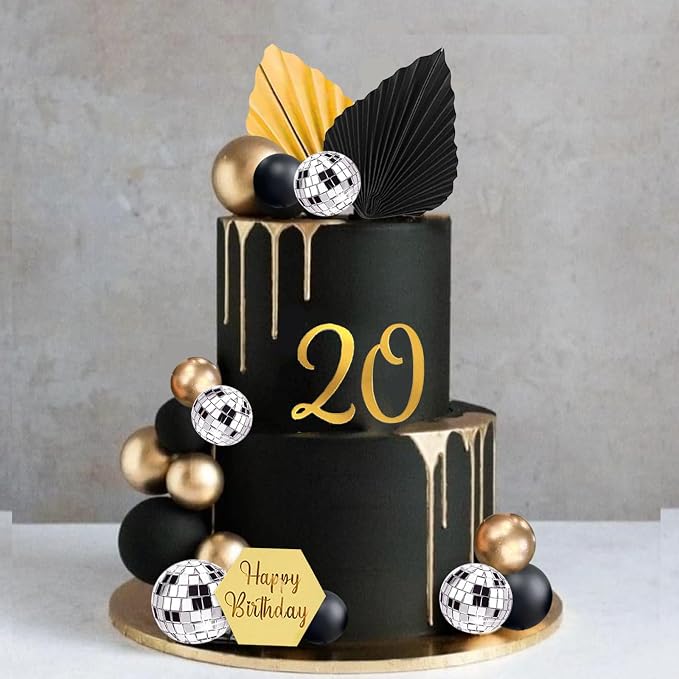 37Pcs Gold Black Balls Cake Topper Man Cake Decorations with Disco Balls Palm Leaves Acrylic Numbers 0-9 and Happy Birthday Cake Topper for Men Boy Black Theme Birthday Baby Shower Party Supplies