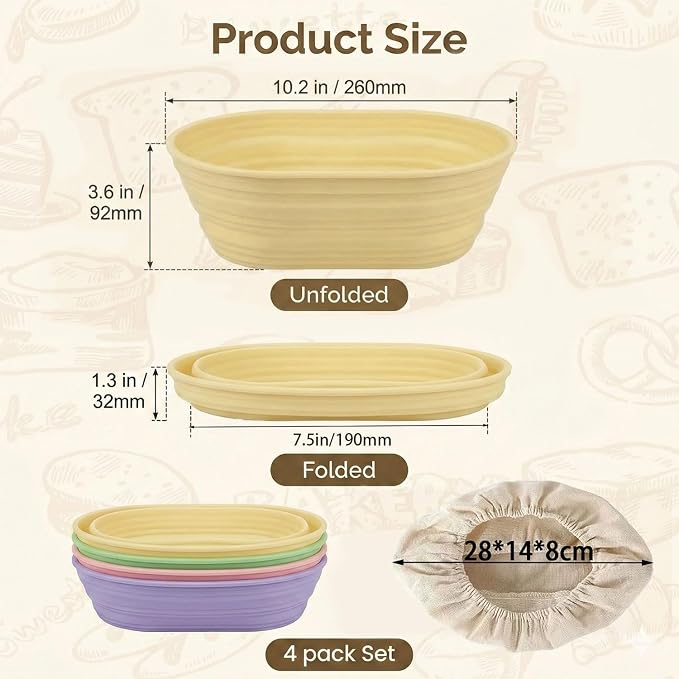 4 Pcs Silicone Banneton Bread Proofing Basket Set, 10" Oval Banneton Basket, Collapsible Sourdough Basket with Liner for Artisan Baking