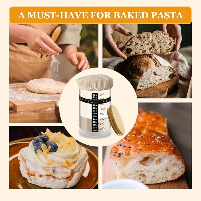2Pcs Sourdough Starter Kit, 34 OZ Sourdough Starter Jar with Date Marked Feeding Band, Thermometer, Cloth Cover & Metal Lid, Reusable Sourdough Bread Baking Supplies, Home Baking Supplies (2)