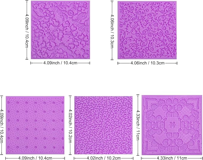 Silicone Texture Mats for Cake Decorating, Fondant Impression Mat, Cake Silicone Embossing Molds, Purple Lace Pattern for Cupcake Topper Clay Texture Stamp Birthday Set of 5