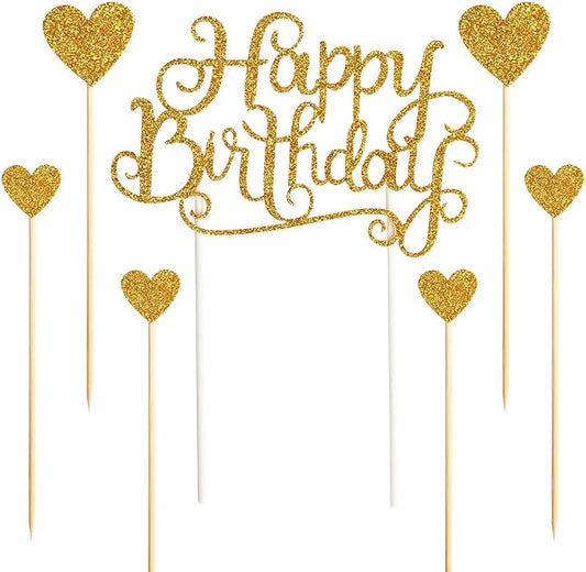 PALASASA Happy Birthday Cake Toppers Gold glitter letters"happy birthday"and love star,Party decor Decorations,Set of 7 (Gold)