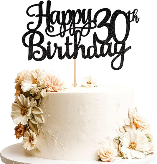1 PCS Happy 30th Birthday Cake Topper Glitter Cheers to 30 Years Birthday Cake Pick 30 Fabulous Cake Decoration for Happy 30th Birthday Anniversary Party Decorations Supplies Black