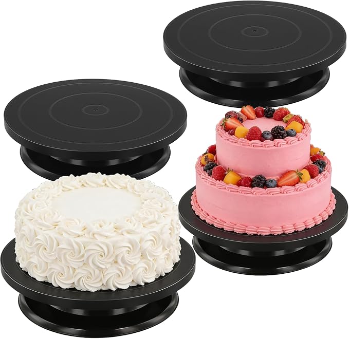 4 Pack 11 Inch Rotating Cake Turntable for Decorating, Smooth Cake Spinner Stand Revolving Turntable, Black Plastic Cake Stand for Baking Display