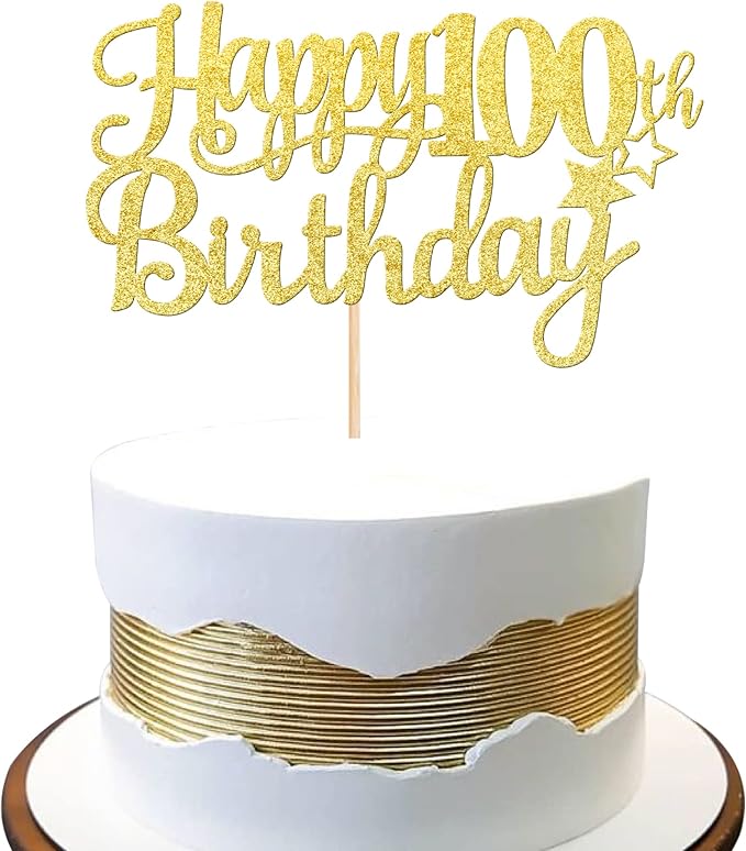 1 PCS Happy 100th Birthday Cake Topper - Gold Glitter Cheers to 100 Years - Fabulous Cake Decoration for 100th Birthday Theme Party