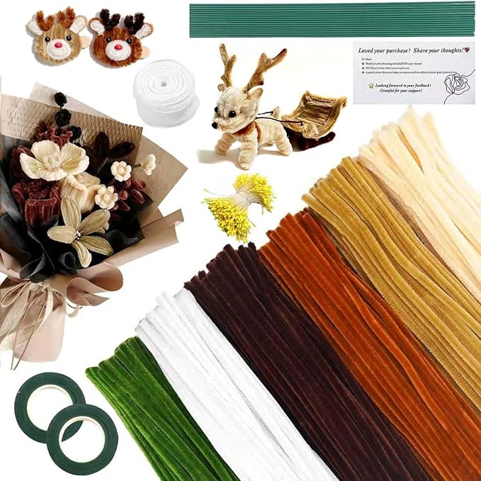 AHAMETON 620Pcs Brown Pipe Cleaner Flower Kit, 6 Colors Bulk Pipe Cleaners Craft Supplies with Wires, Stamens, Ribbon, Tapes, Card, DIY Flower Making for Gifts Party Home Decoration, School Crafts