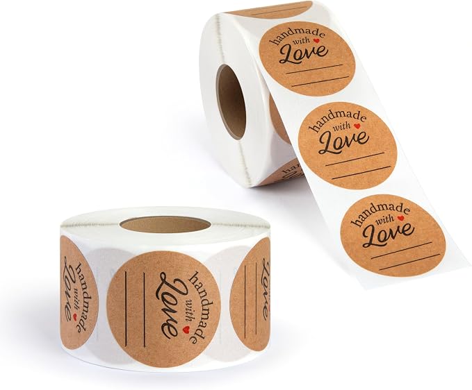 1000pcs Handmade with Love Stickers, 1.5" Diameter Kraft Handmade with Love Sticker Labels for Gifts, Crafts, Small Business, 500 Stickers per Roll (Pack of 2)