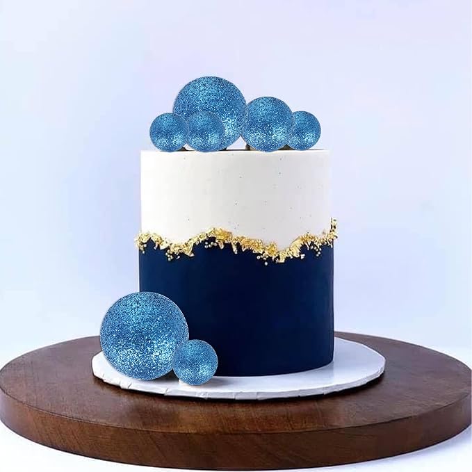 24 PCS Ball Cake Toppers Glitter Balls Cupcake Toppers Foam Ball Shaped Cake Picks DIY Balloons Cake Insert Topper for Wedding Enagement Baby Shower Birthday Party Cake Decorations Supplies Blue