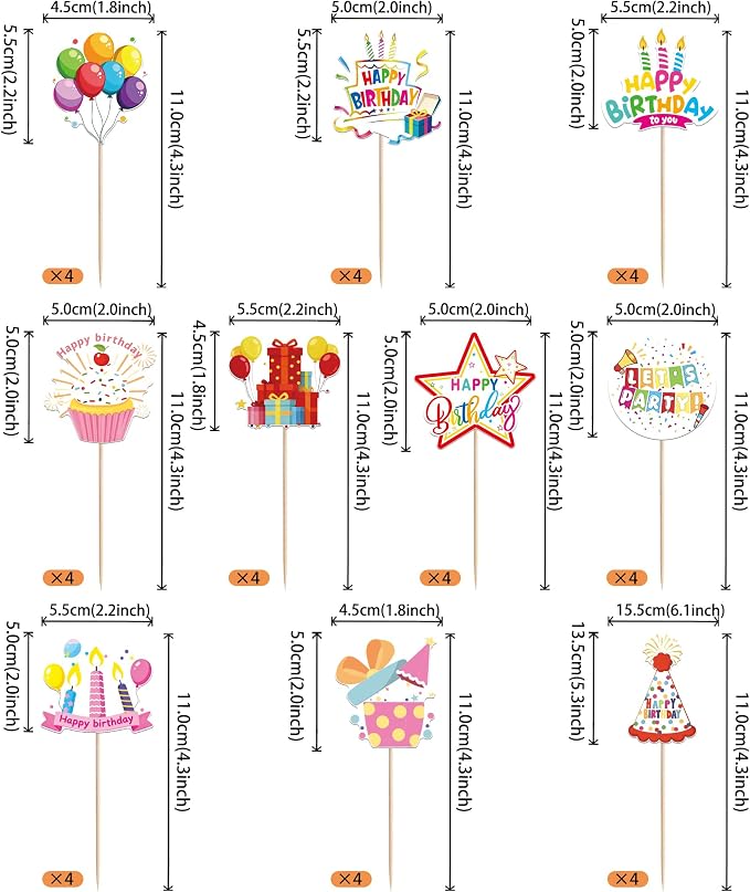 40 PCS Happy Birthday Cupcake Toppers Balloon Star Cheers Party Time Firework Cupcake Pciks Happy Birthday Cake Decorations for Celebrating Anniversary Theme Party Cake Decorations Supplies Colorful