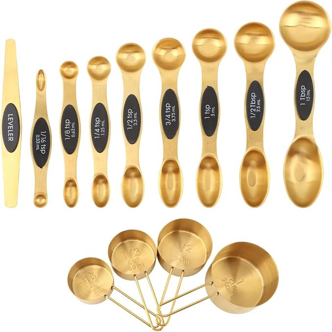 Gold Measuring Cups and Spoons Set, 13-Piece Stainless Steel, 4 Nesting Cups + 8 Double-Sided Measuring Spoons + Leveler, Engraved Sizes, Gold Finish for Cooking and Baking