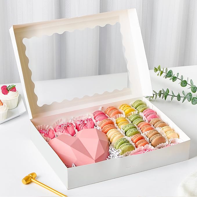 Ocmoiy 20 Pack Cookie Boxes, 14x10x2.5 Inch Large Bakery Boxes with Window, Auto-Popup Treat Box for Chocolate Covered Strawberries, Pies, Donuts, Muffins, Breakable Heart