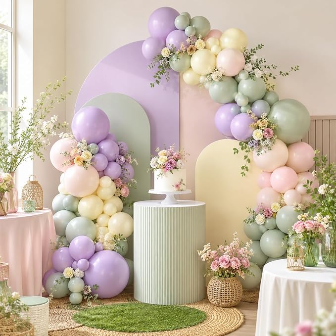 Pink Purple Green Balloon Arch Kit, 122Pcs Dusty Pink Light Green Macaron Yellow Pastel Balloons for Kids Girl Flower Party Decorations Spring Baby Shower Wedding Engagement Fairy Birthday Supplies