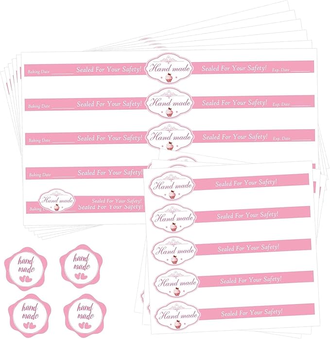 100 Pcs Handmade Food Retail Package Seal Labels 9x1'' Safe Secure Tamper Evident Labels 100Pcs Handmade Food Baking Label with 1.75 '' 100Pcs Hand Made Stickers for Cake Dessert Box Packaging