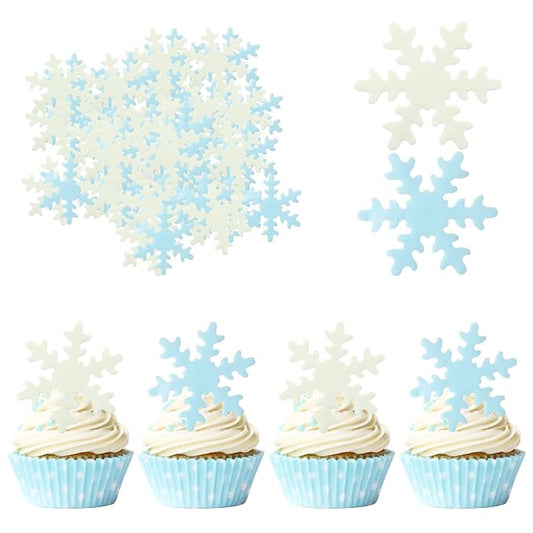 Gyufise 50Pcs Blue White Edible Cupcake Toppers Snowflakes Cake Toppers Snowflakes Cake Decoration Winter Frozen Birthday Party Supplies