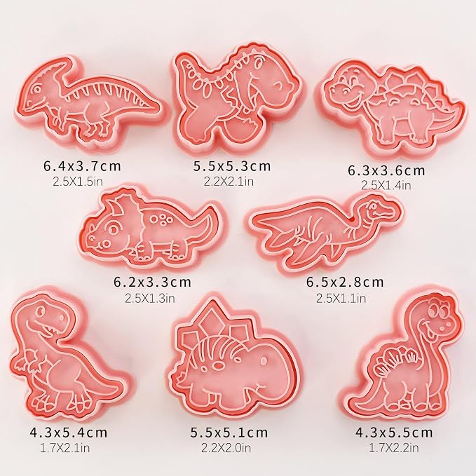 Dinosaur Cookies Cutter with Cookie Stamps 8 Pieces Set 3D Cute Dino Shaped Biscuit Cracker Cutters for Kids (Dinosaur B)
