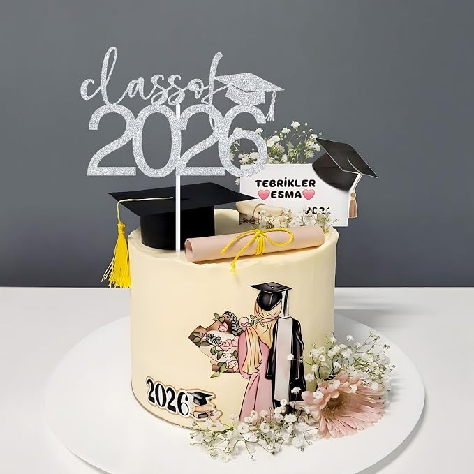 Class of 2026 Cake Topper, Congrats 2026 Cake Décor, Congrats Grad, Happy Graduation, High School/Senior/University Graduation Party Decorations Silver Glitter