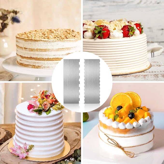 Stainless Steal Cake Scraper, 2 Pcs 8.6 inch Double Sided Patterned Edge Stripe Edge Icing Smoother, Cake Decorating Comb Pastry Cutter for Mousse Butter Cream Decoration