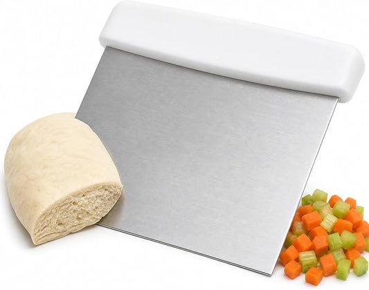 Stainless Steel Dough Cutter and Bench Scraper with White Plastic Handle - Pastry Scraper and Dough Divider for Bread, Pizza, Pastry, Baking Prep, and for Kitchen Use (5 7/8" x 4 1/4")