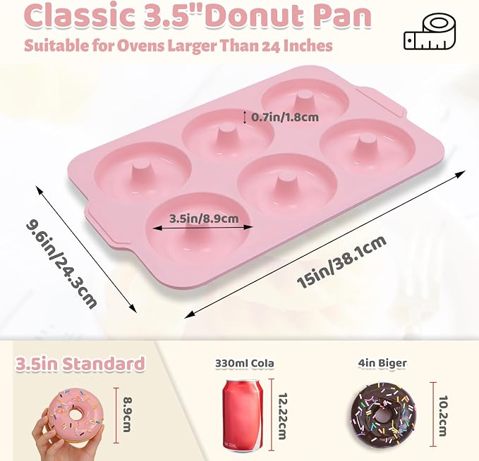 3.5 Inch Nonstick Silicone Donut Pan for Baking with Metal Frame, 1 Pack Donut Molds for Baking, 6 Cavity Doughnut Pan for Oven and Bagel Trays Non Toxic with Handle (Pink)