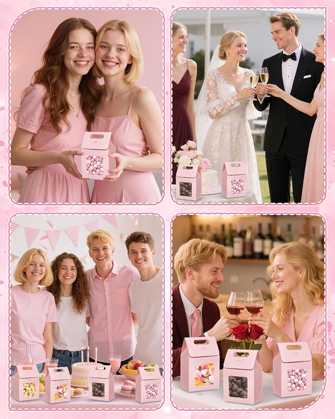 24 Pieces MINI Kraft Paper Gift Bags with Clear Window Small Goodies Gift Boxes with Handle 5.9 x 3.9 x 2.3inch Gable Candy Treat Box for Purim, Bakery Cookies, Wedding Favors, Small Business (pink)