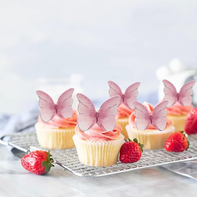 Ephlyn 48Pcs Edible 3D Butterfly Cupcake Toppers - Cute Cake Picks for Baby Shower, Bridal Shower, Birthday Party - Pink