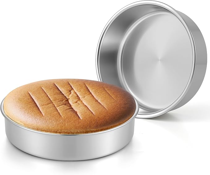 Leonyo 8 Inch Round Cake Pans 2 Pack, Stainless Steel 8Inch Round Cake Pans Tins Set for Baking, Metal Circle Layer Tin for Birthday Wedding Party, Dishwasher Oven Safe