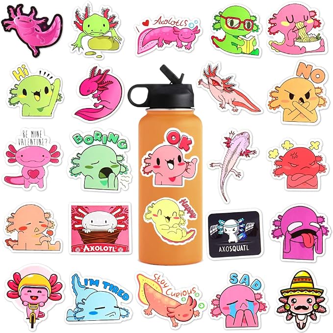 50 Pcs Axolotl Stickers for Water Bottles, Waterproof Vinyl Cute Stickers for Scrapbook, Laptops, Decorative Decals for Kids Girls Teens