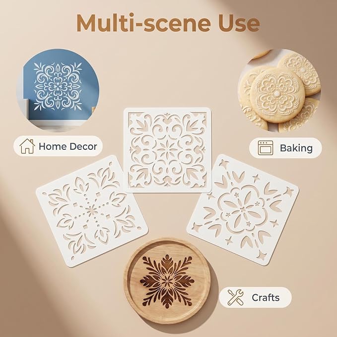 24 Pack Scroll Tile Stencils, 4 Inch Reusable Moroccan Scroll Tile Stencils for Painting Floors, Walls, Furniture, Crafts, Cake Decorating - Azulejo Tile Pattern Templates for DIY Home Decor & Baking