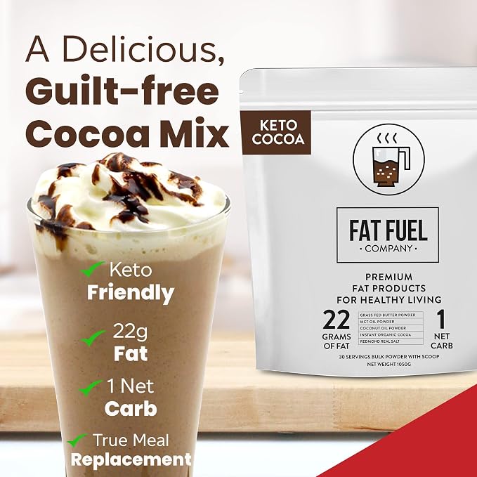 Fat Fuel Keto Cocoa 22g Premium Fats - with Grass Fed Butter, MCT Oil, Coconut & Redmond Real Salt - Instant Organic Cocoa, One Net Carb, A True Meal Replacement - 30 Bulk Powder Servings